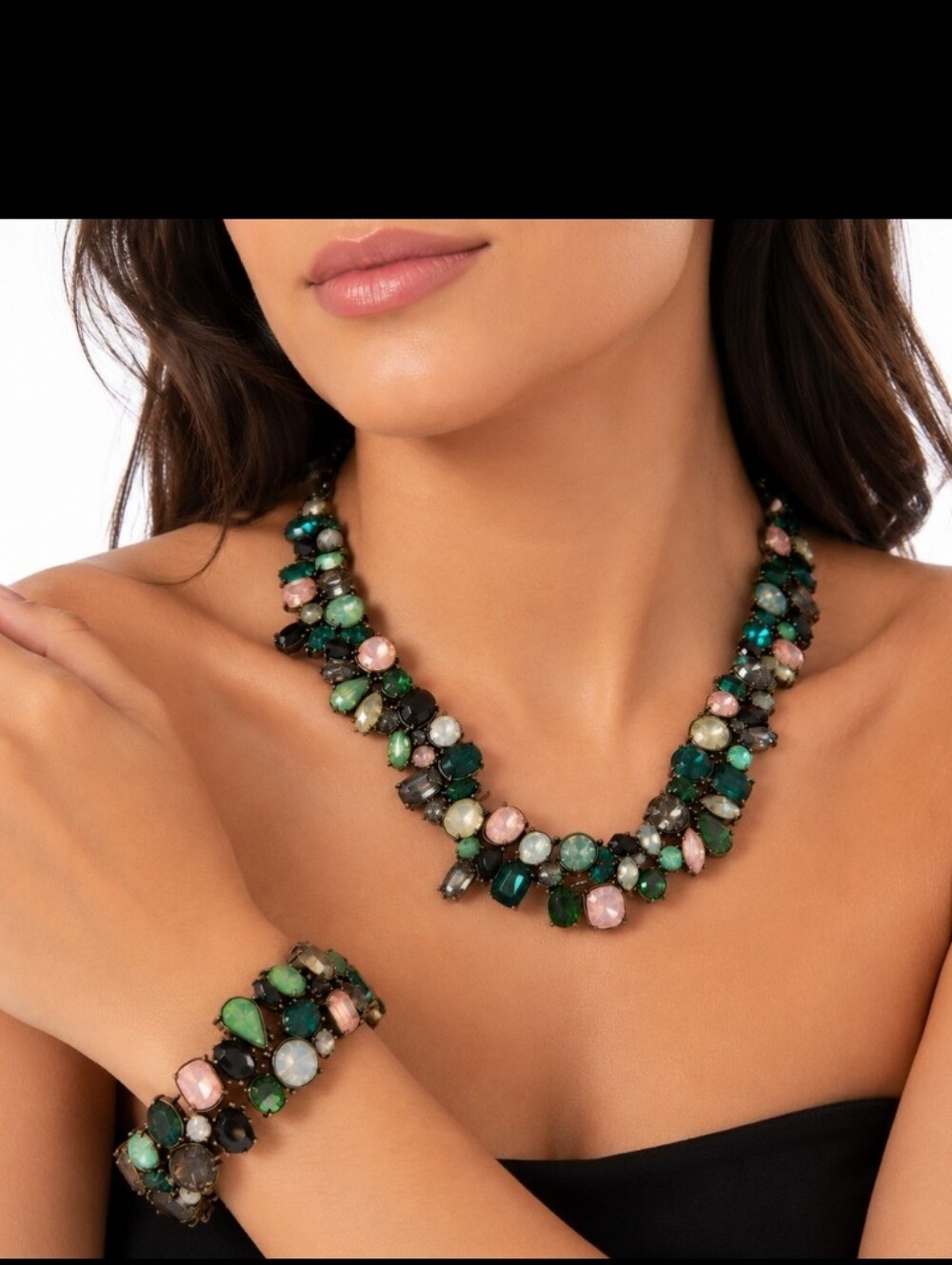 Emerald Green Crystal Statement Necklace & Bracelet Set | Vintage Glam